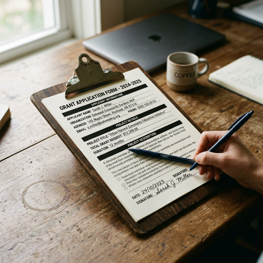 Person signing a grant application form on a wooden clipboard